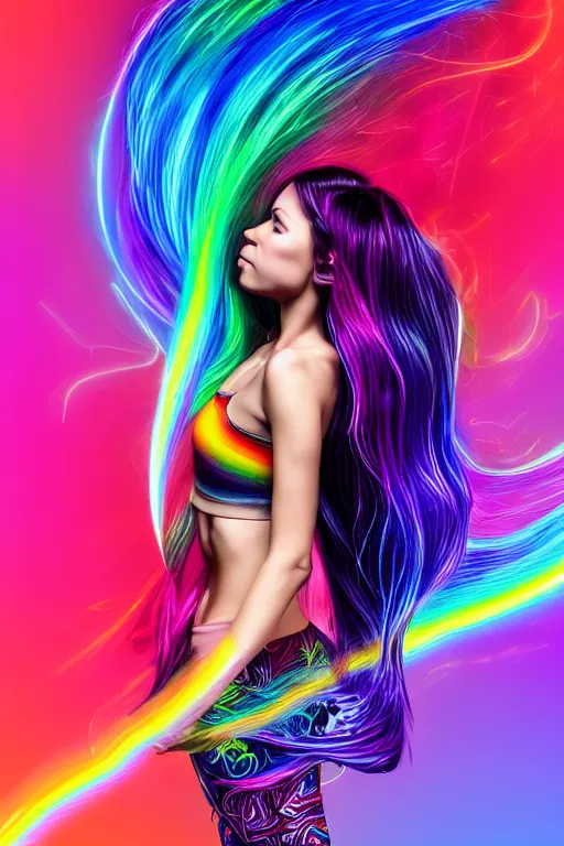 Image similar to a award winning half body portrait of a beautiful woman with stunning eyes in a croptop and leggings with reinbow colored ombre hairstyle head in motion and hair flying while dancing by thomas danthony, surrounded by whirling illuminated lines, outrun, vaporware, shaded flat illustration, digital art, trending on artstation, highly detailed, fine detail, intricate