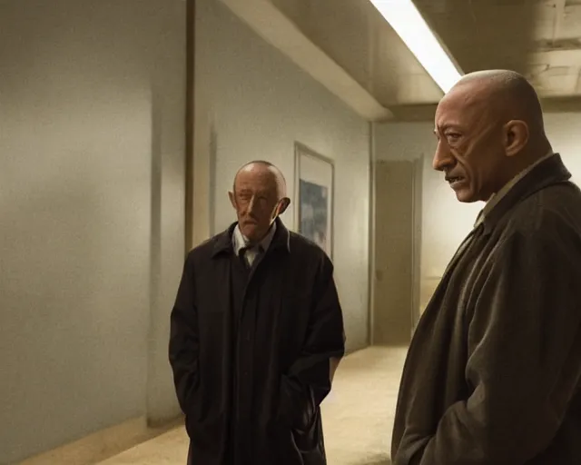 Prompt: jonathan banks as mike ehrmantraut and giancarlo esposito as gustavo fring from breaking bad, cinematic lighting, renaissance portrait, oil painting