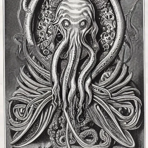 Prompt: portrait engraving of cthulhu by ernst haeckel, art nouveau, book frontispiece, horizontal symmetry n - 4