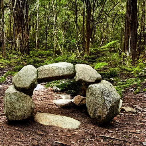 Prompt: mysterious stone portal in australian woodland,, leading to unknown destination. camera phone picture. ultra realistic.