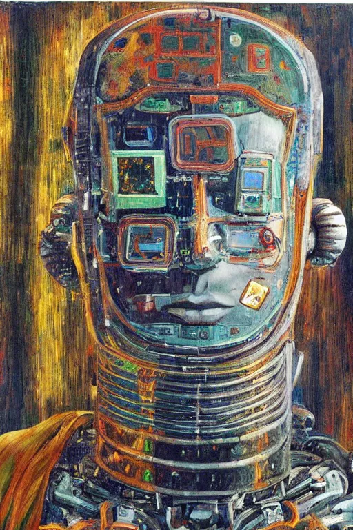 Image similar to robot monk painting a self - portrait on a canvas. intricate, highly detailed, photorealistic, film still, by christopher doyle.