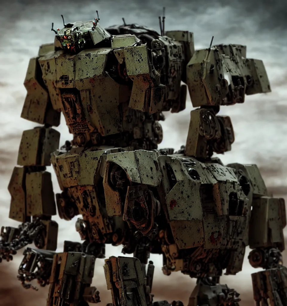 Image similar to a close up cinematic still of a zombie heavy battlemech military with flesh, by kow yokoyama, maschinen krieger, hobby japan, stormy post apocalyptic desert, highly detailed, 3 5 mm, shot with canon 5 d mark ii, face detail, rob bottin, rick baker, jordu schell, artstation, cg society, soft illumination