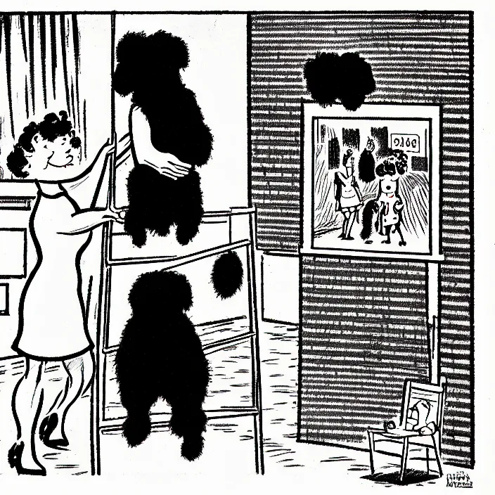 Image similar to a still frame from comic strip, two people hanging a black fluffy dog 1 9 5 0, herluf bidstrup, new yorker illustration, monochrome contrast bw, lineart, manga, tadanori yokoo, simplified,