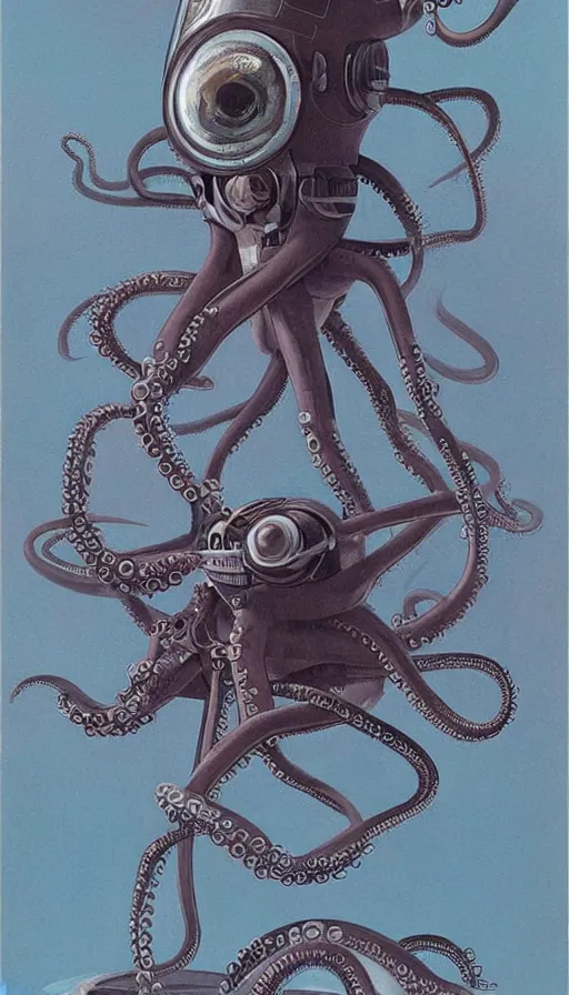 Prompt: 1 9 5 0 s retro future robot android octopus. muted colors. by wayne barlowe