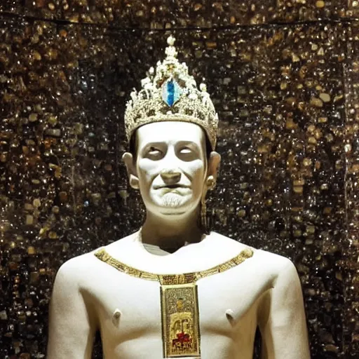 Prompt: a completely transparent glass cube in which the king's body has been perfectly preserved. he is dressed in all his regal finery. his body is beautifully preserved and the display is magnficent. the display is in the catacombs and is beautifully lit