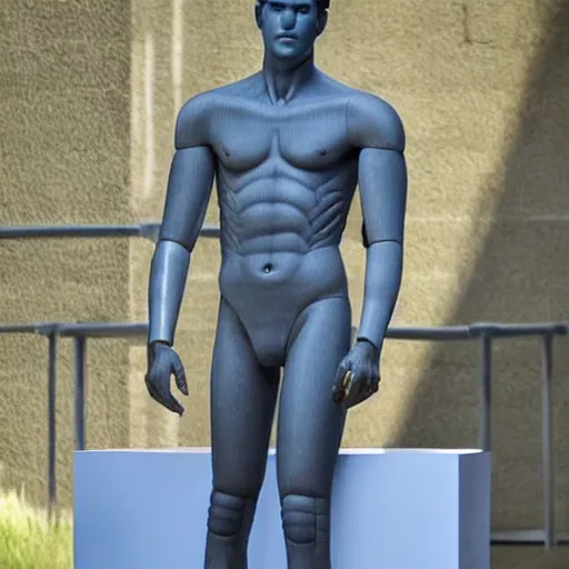 Prompt: a realistic detailed photo of a guy who is an attractive humanoid who is half robot and half humanoid, who is a male android, actor liam hemsworth, shiny skin, posing like a statue, blank stare, by the pool, on display