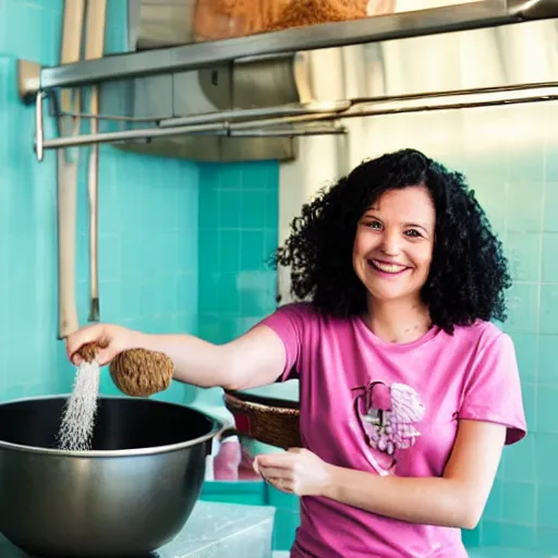 Image similar to portrait of a smiling woman with dark curly hair in a pink t-shirt shirt and high-rise jeans making sourdough in sunlit kitchen, by studio ghibli