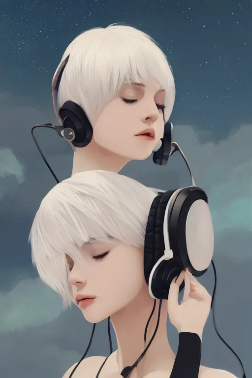 Prompt: a cute young woman listening to music with her eyes closed and wearing headphones, white bob cut hair, freckles, dark thunderclouds in the backround, vivid colors, soft lighting, cinematic, moody, nier automata, poster, oil on canvas, in the style of Ilya Kuvshinov, 8k