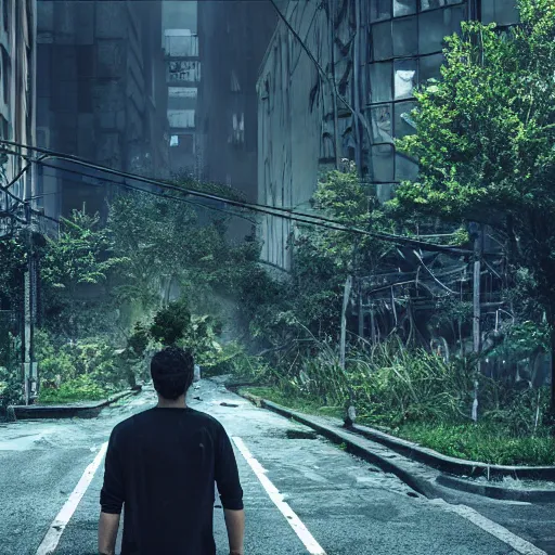 Prompt: an apocalyptic city scene, overgrown foliage, a single person standing in the road back facing the camera, hyper detailed, 4 k octane render