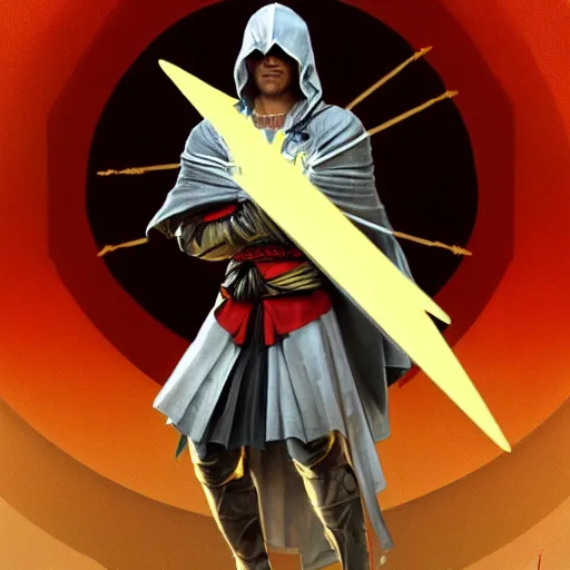 Prompt: an ultra detailed vector image of ezio auditore dressed as solaire of astora, concept art by alphonse mucha and greg rutkowski, praise the blood moon, octane render, liminal space