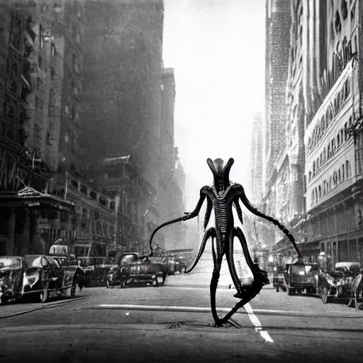 Image similar to old black and white photo, 1 9 1 3, depicting a xenomorph from the movie aliens rampaging through the bustling streets of new york city, historical record