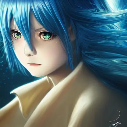 Image similar to rimuru tempest from tensura playing chess, with amber eyes of golden colored eyes, straight hair, sky blue hair, long bangs, high collar, concept art, award winning photography, turbulence, ripples, trails, wispy, scratchy, digital painting, cinematic, wlop, 8 k, by ross tran, tom bagshaw, andy warhol