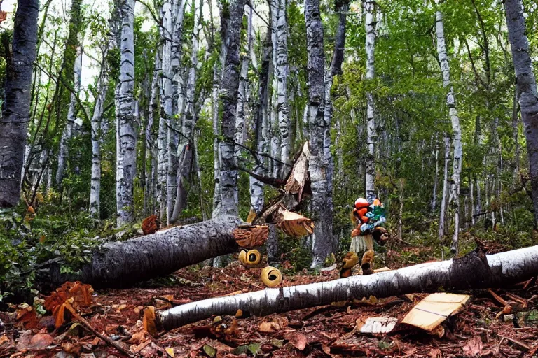 Image similar to donkey kong in a forest knocking down trees, a white birch tree that has fallen over, donkey kong from nintendo 6 4