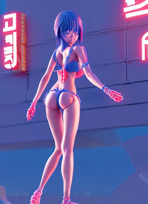 Image similar to anime girl in bikini, hero human structure insects concept art, full body, intricate detail, art and illustration by kim hyung tae and irakli nadar and alexandre ferra, global illumination, action pose at tokyo cyberpunk neon light night