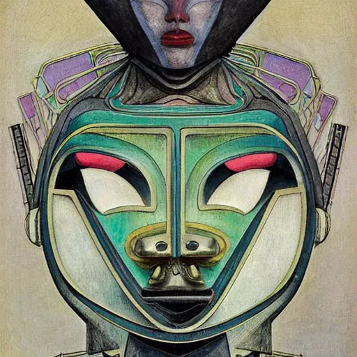 Image similar to the robot in her mechanical mask, by annie swynnerton and diego rivera and leo and diane dillon, symbolist, dramatic lighting, elaborate geometric ornament, art brut, god rays, soft cool colors, smooth, sharp focus, extremely detailed, adolf wolfli