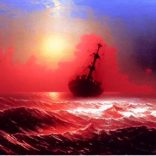 Image similar to bloody ocean, rusted iron ship sinking in red blood ocean, by Ivan Aivazovsky, junji ito, hd 8k, hideaki anno