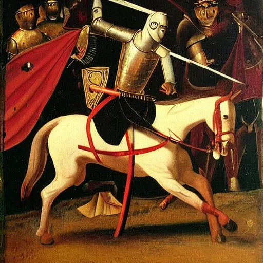 Prompt: Sir Donavon the Courageous. The knight jousting in a tournament. Mediaval painting from the 1300's. Oil on canvas.