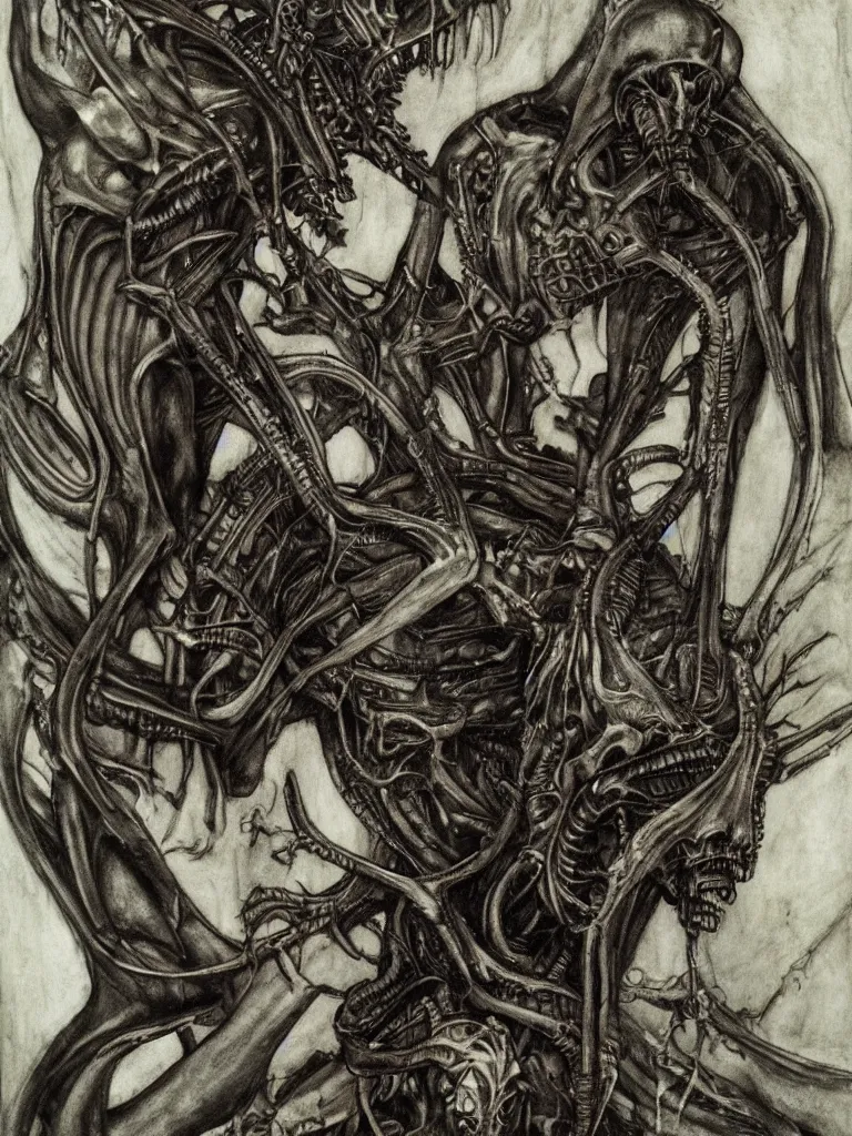 Image similar to a beautiful portrait of david bowie with a xenomorph alien queen by h.r. giger and by arthur rackham, detailed, proportional, trending on art station, 4k