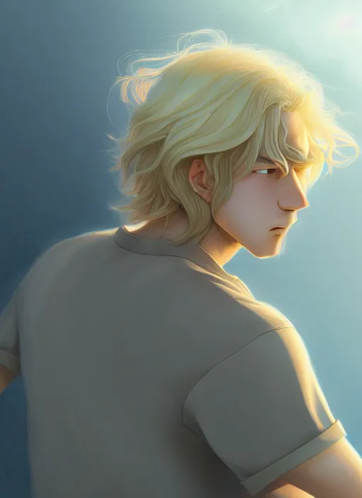 Image similar to young man with medium - length, curly, golden hair, perfectly proportioned face, aquamarine eyes, sorrow, natural lighting, path traced, highly detailed, high quality, cartoon, digital painting, by new haicheng and studio ghibli