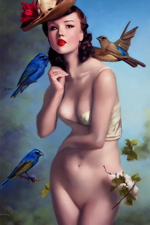 Image similar to hyper realistic painting, tasteful pinup girl holding an indigo bunting, bird, the bird is wearing a bowtie, by greg rutkowski, rossdraws, gil elvgren, enoch bolles, anime, porcelain skin, very coherent