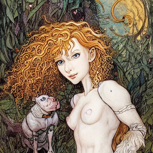 Image similar to elf girl with curly blonde hair pets a white pitbull, highly detailed, painting by rebecca guay