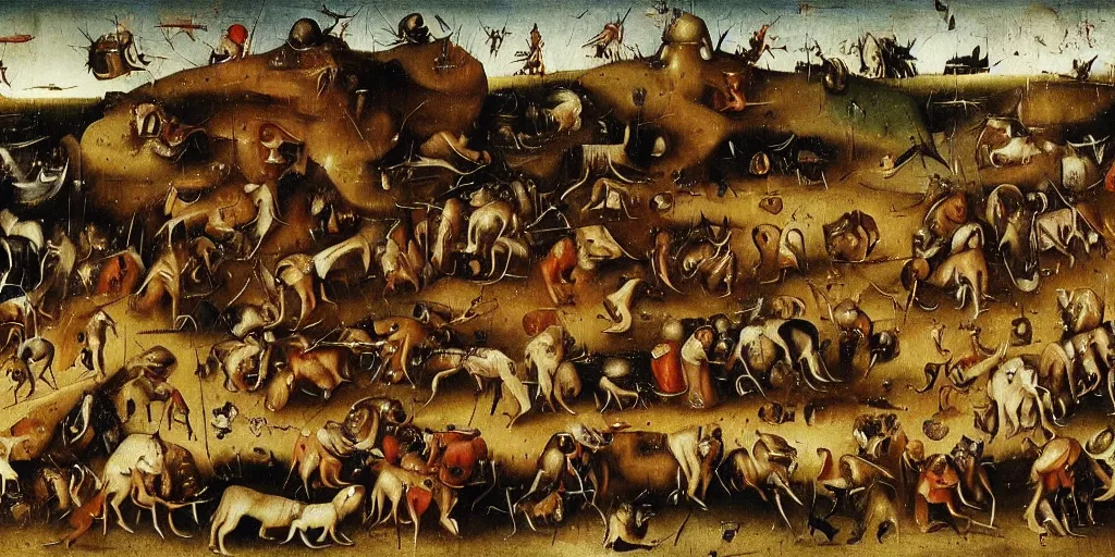 Prompt: detailed oil painting of farmers fighting off a horde of wolves, by hieronymus bosch