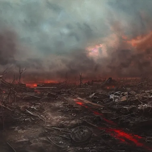 Image similar to hyper realism, realistic apocalyptic war scene, brown and red tones, dense fog