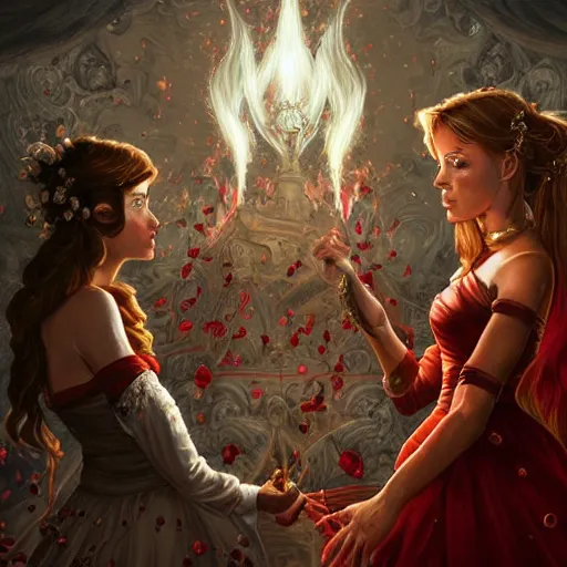 Image similar to a beautiful and detailed illustration of a lesbian wedding between emma watson as an evil pyromancer and scarlet johansson as a red mage, dark eyeliner, highly detailed, digital painting, unholy union, white church background, god rays, volumetric lighting, octane render, 4 k resolution, trending on artstation, masterpiece, in a luminist baroque style