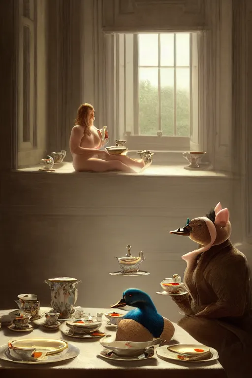 Image similar to a mallard and a pig having tea at the ritz, anatomy, bathed in light, highly detailed, photorealistic, artstation, smooth, sharp focus, illustration, unreal engine 5, 8 k, art by artgerm and greg rutkowski and edgar maxence