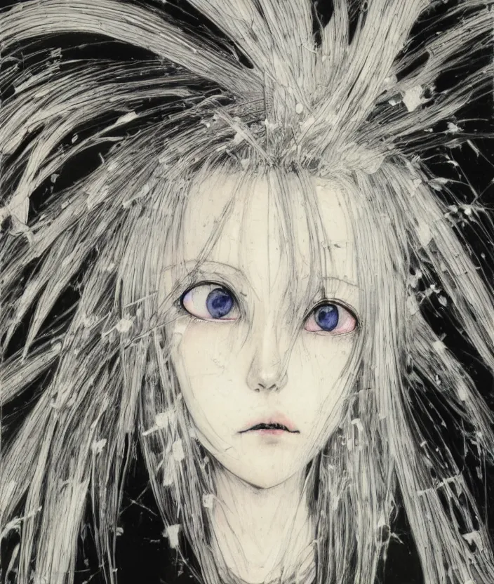 Image similar to Yoshitaka Amano realistic illustration of an anime girl with white hair and cracks on her face wearing dress suit with tie fluttering in the wind, abstract black and white patterns on the background, noisy film grain effect, highly detailed, Renaissance oil painting, weird portrait angle