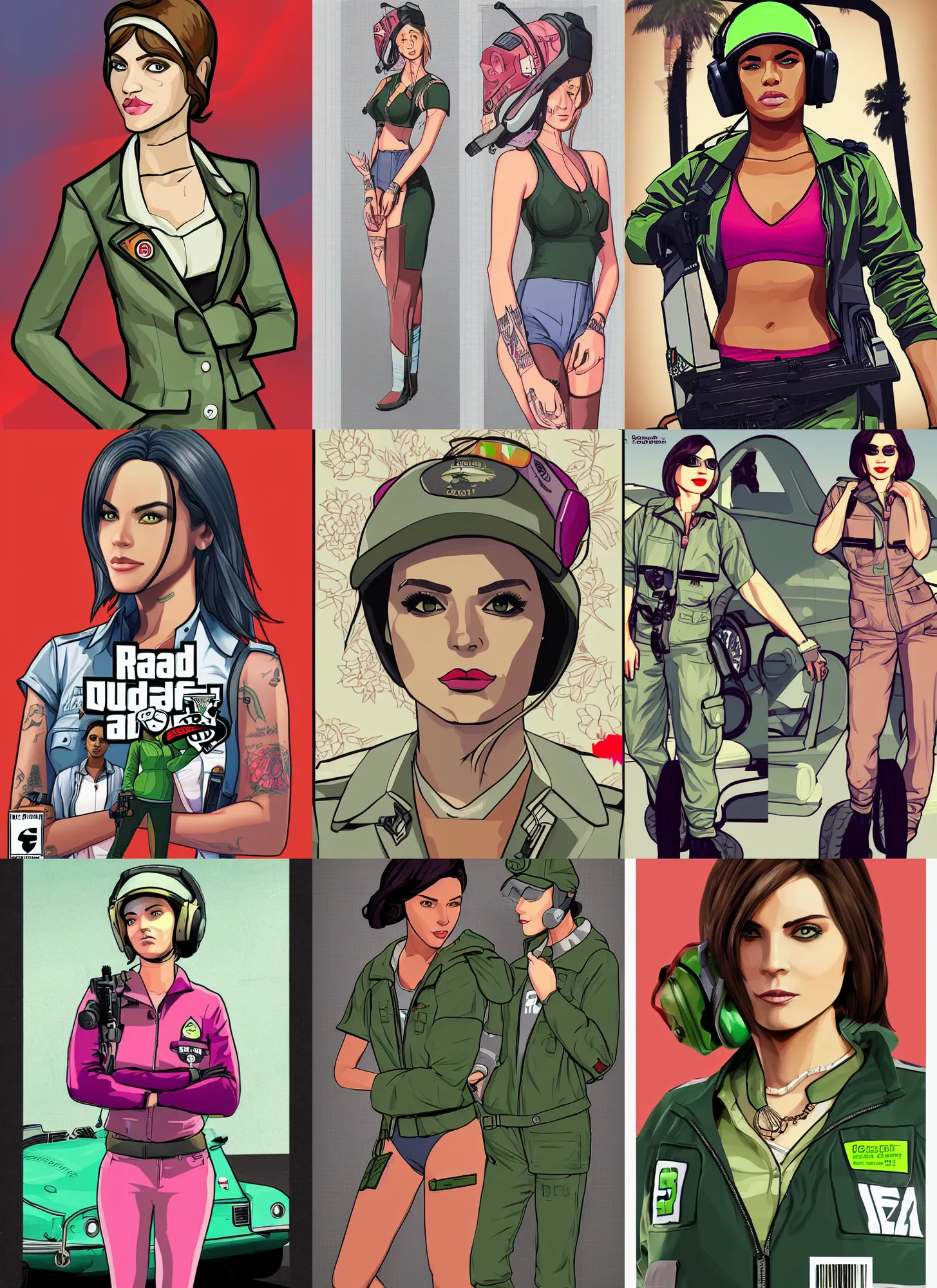 Prompt: full body flat color cell shaded gtav boxart female pilot beautiful face wearing full detailed clothing