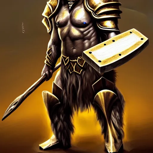 Image similar to Giant minotaur humanoid beast warrior with two handed axe, horned helmet, concept art, heavy white and golden armor, giant horns, portrait, dungeons and dragons, hyperrealism, high details, digital painting, dark fantasy