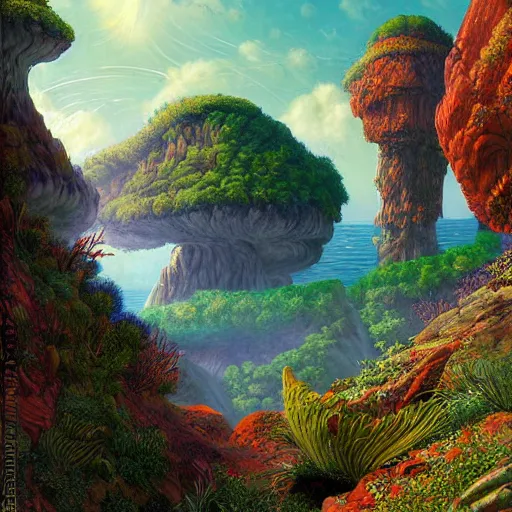 Prompt: digital painting of a lush natural scene on an alien planet by gerald brom. ultra sharp high quality digital render. detailed. beautiful landscape. colourful weird vegetation. cliffs and water.