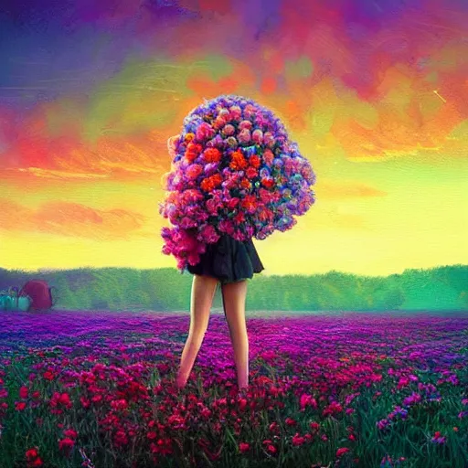 Image similar to giant rose flower head, full body girl standing in a flower field, surreal photography, sunrise, dramatic light, impressionist painting, colorful clouds, digital painting, artstation, simon stalenhag