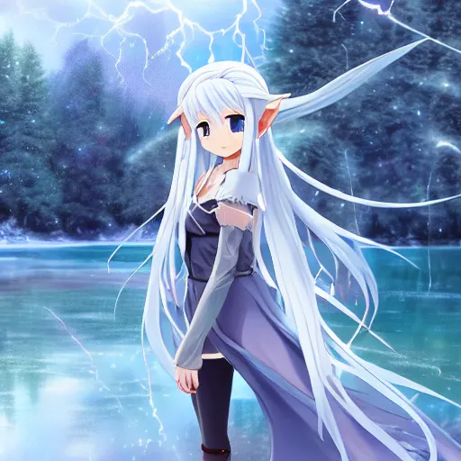 Image similar to a very beautiful anime elf girl, full body, long silver hair, sky blue eyes, full round face, short smile, casual clothes, ice snowy lake setting, cinematic lightning, medium shot, mid-shot, highly detailed, trending on Artstation, Unreal Engine 4k, cinematic wallpaper by Stanley Artgerm Lau, WLOP, Rossdraws, James Jean, Andrei Riabovitchev, Marc Simonetti, and Sakimichan