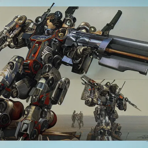 Image similar to ruger revolver redhawk 3 5 7 revolver mobile combat suit firearm rococo robot, smith wesson 6 8 6 mecha android, detailed illustration, concept art, smooth, sharp focus, by gaston bussiere, katsuya terada, nc wyeth, bandai macross box art, canon eos