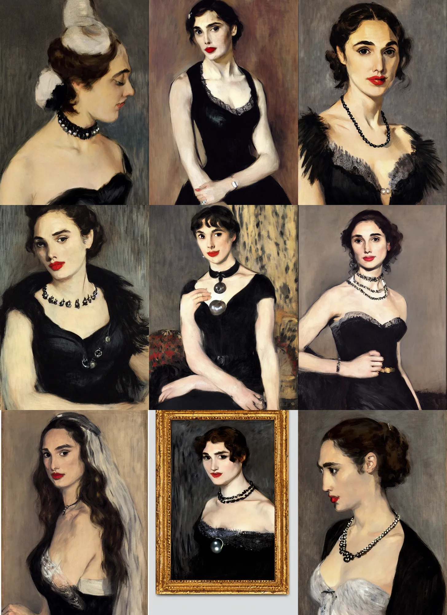 Prompt: portrait of Gal Gadot dressed in black lace, and pearl necklace , by Manet, photo real, super detailed, 4k, hd