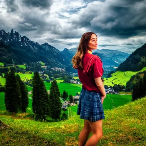 Image similar to a beautiful photograph of a girl with switzerland landscape in the background with trees, hdr, 8 k, high quality, sharp focus, artstation, highly detailed, award - winning, dramatic lighting, beautiful clouds, and nature