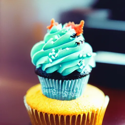 Prompt: photo godzilla enjoying a cupcake, cinestill, 800t, 35mm, full-HD