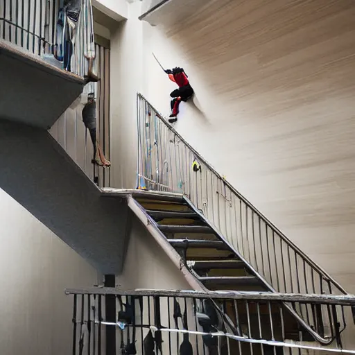 Image similar to A climbing expedition climbing the stairs of a regular apartment building. They are using ropes, pickaxes and other professional climbing gear in order to climb the stairs. Photograph, f/8, room lighting, indoor