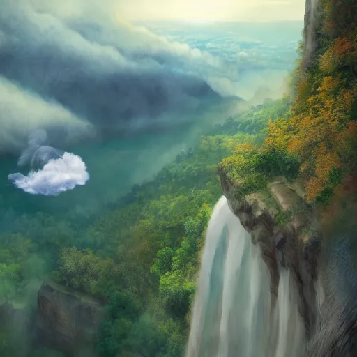 Prompt: a boy on a flying mattress in the clouds looking at natural forested canyons and waterfalls below, mist, mystical, magic, concept art, digital art