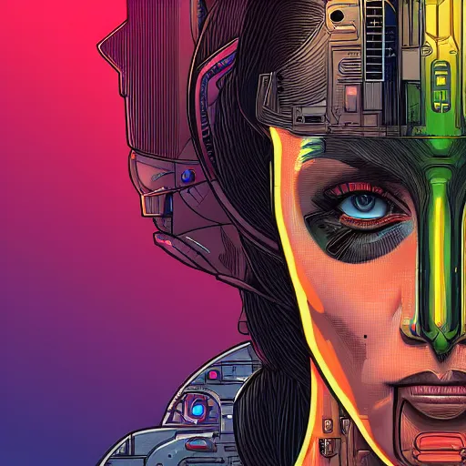 Prompt: a portrait of a female android, by Dan Mumford and Sandra Chevrier, 8k