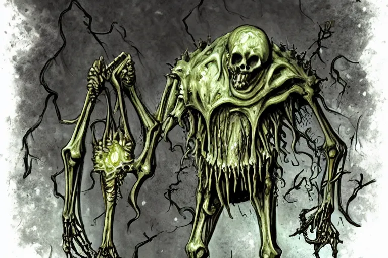 Image similar to D&D Monster Manual, undead skeletal creature that's goopy with ooze, shambling with glowing magic circles in its eye sockets, heavy fog, eery dead swamp setting