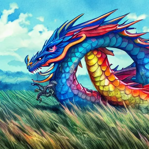 Image similar to rainbow dragon in a field of pionies, blue clear sky, water color, highly detailed, digital painting, artstation, concept art, matte, sharp focus, impressionnisme, art by james jean