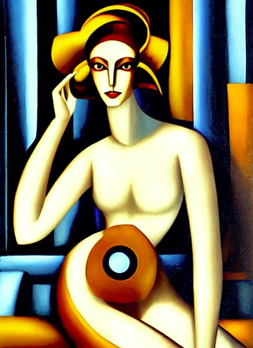 Prompt: image of beautyful female android steampunk by tamara de lempicka,