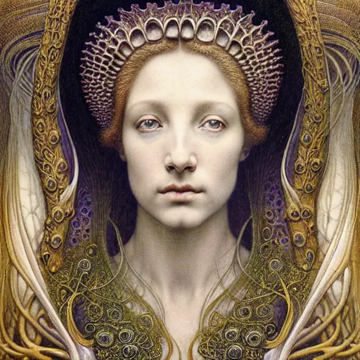 Prompt: detailed realistic beautiful young medieval queen face portrait by jean delville, gustave dore, iris van herpen and marco mazzoni, art forms of nature by ernst haeckel, art nouveau, symbolist, visionary, gothic, pre - raphaelite, fractal lace, surrealityhorizontal symmetry