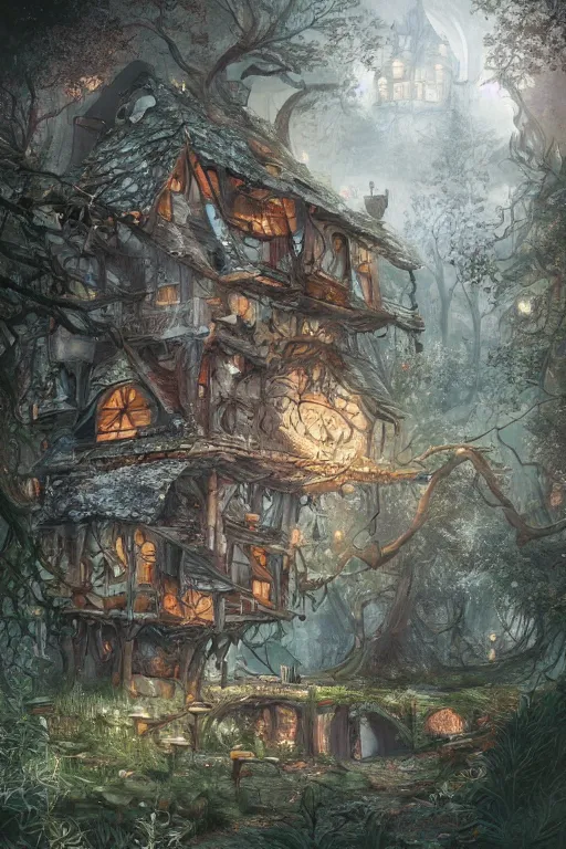 Image similar to a storybook illustration of a ramshackle multistory fairytale hut in the forest, intricate, elegant, fantasy, highly detailed, digital painting, concept art, sharp focus, artstation