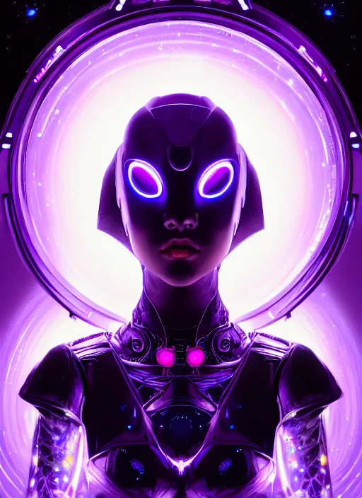 Prompt: symetrical close up portrait of lady voidstar in full high tech close fitting armor, robotic arms, glowing diagram of a swirl a pentagram and a star, intricate, elegant, purple, glowing lights, highly detailed, digital painting, artstation, concept art, smooth, sharp focus, illustration, art by wlop, mars ravelo and greg rutkowski