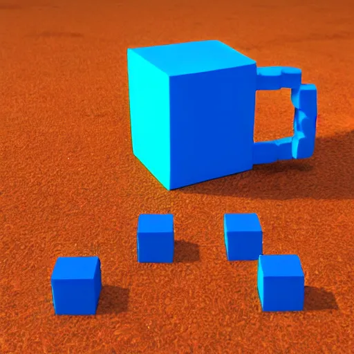 Prompt: a realistic photo of a mug being smashed on the ground and breaking into multiple voxel cubes. photo realistic.