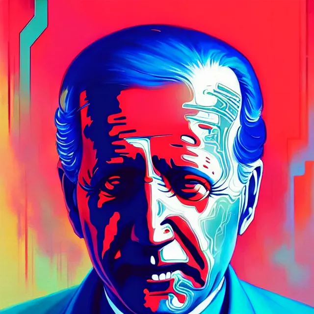 Prompt: a beautiful painting of a 7 0 s sci - fi joe biden by sachin teng and pascal blanche and ruan jia and greg rutkowski. in style of futurism art. ( ( colorful comic ) ), film noirs, ( ( brush stroke ) ), ( ( vibrating colors ) ), hyper detailed. 4 k texture. octane render. trending on artstation